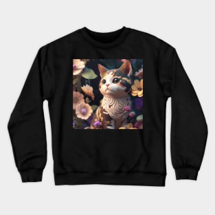 Cute Brown Kitten Flower Background | White, brown and red cat with blue eyes | Digital art Sticker Crewneck Sweatshirt